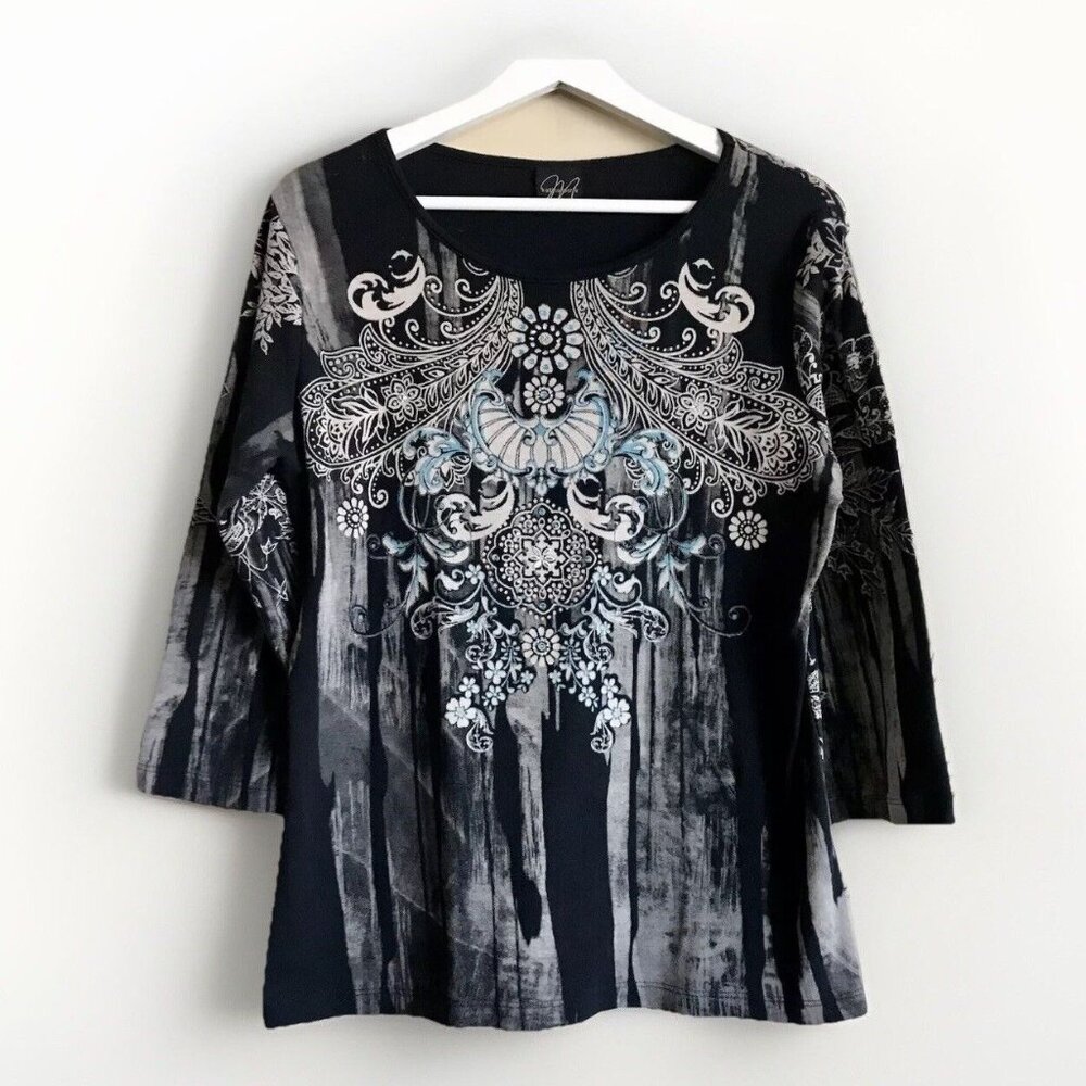 Vintage Katina Marie Top‎ Shirt Large Black Blue Rhinestone Bling Bohemian Y2K